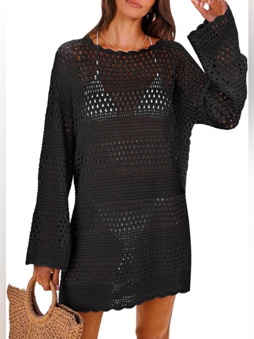 ANRABESS Crochet Swim Cover Up L Black Beach Bathing Suit Swimwear Resort